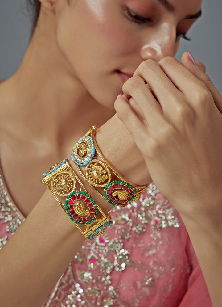 Multi Beaded Kundan And Polki Gold Plated Bangles
