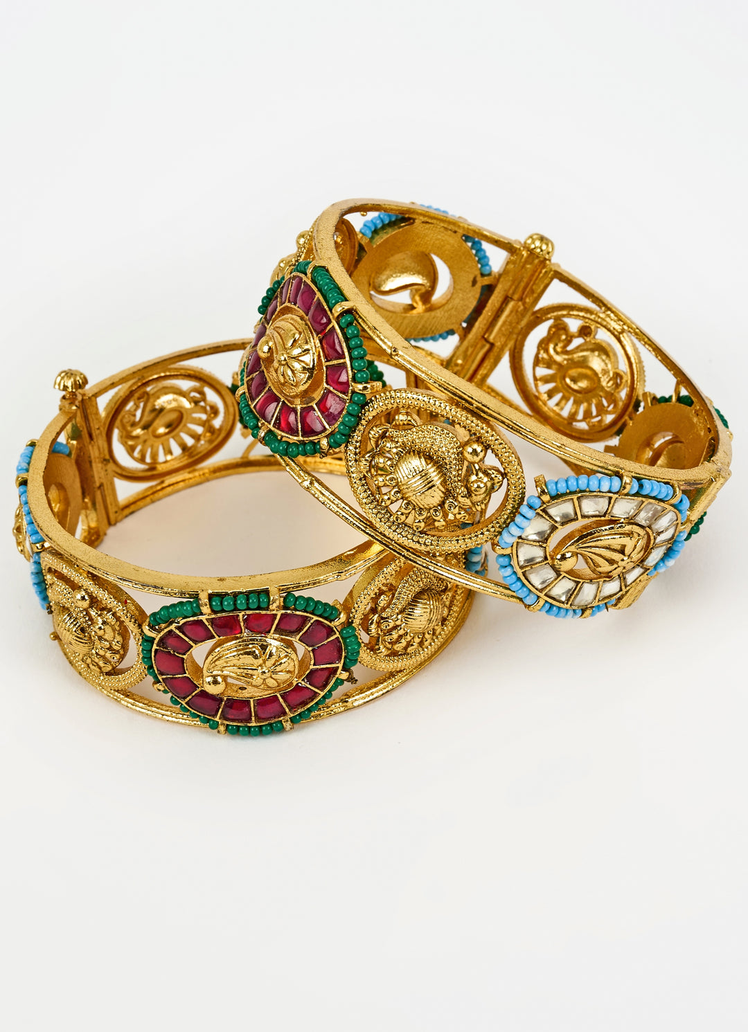 Multi Beaded Kundan And Polki Gold Plated Bangles