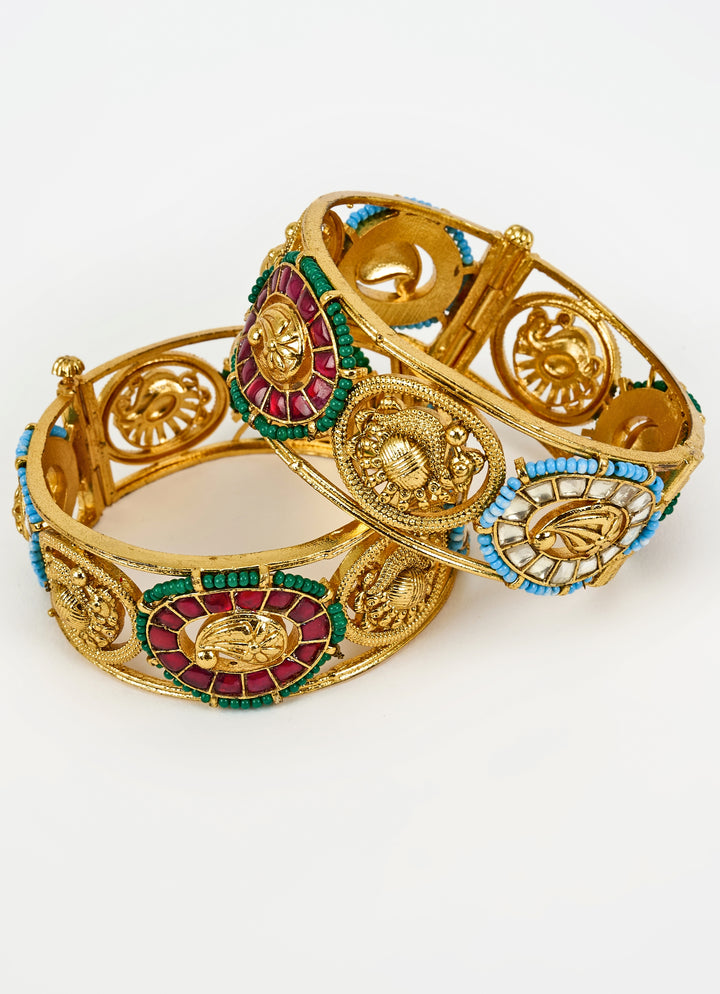 Multi Beaded Kundan And Polki Gold Plated Bangles
