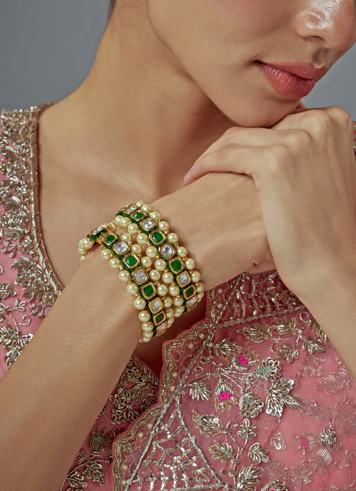 Gold Plated Green Stones And Pearls Bracelet