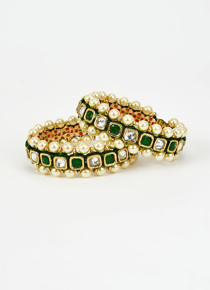 Gold Plated Green Stones And Pearls Bracelet