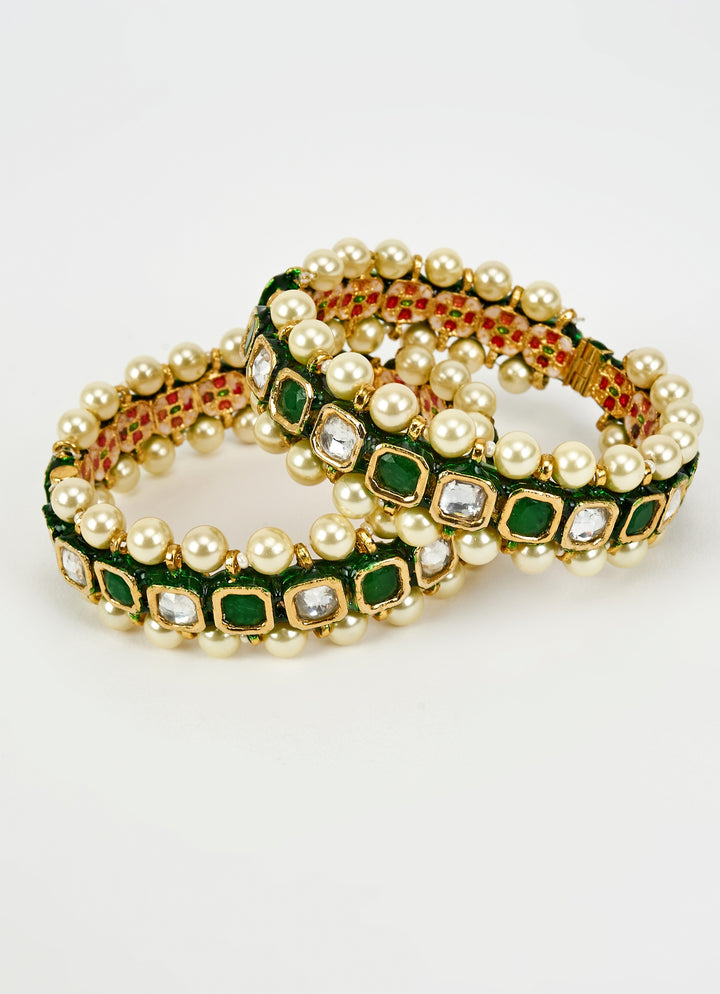 Gold Plated Green Stones And Pearls Bracelet