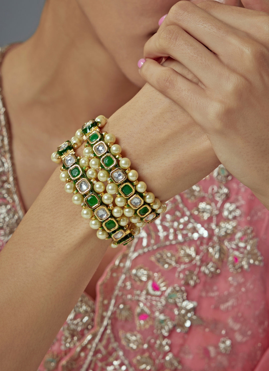 Gold Plated Green Stones And Pearls Bracelet