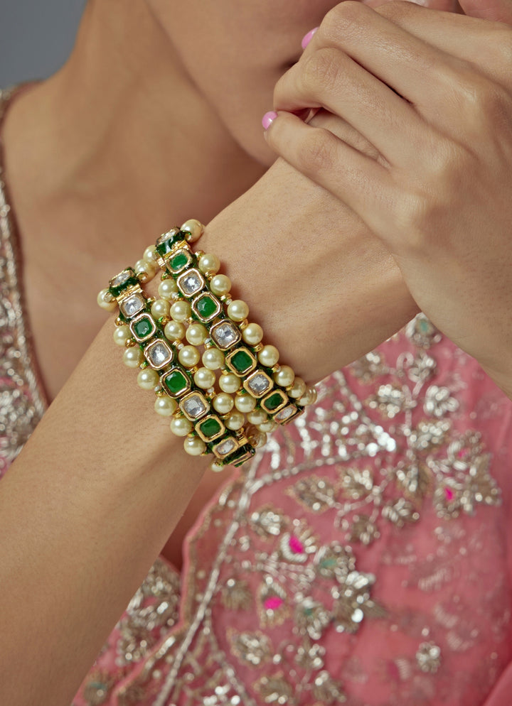 Gold Plated Green Stones And Pearls Bracelet