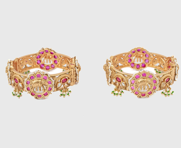 Pink Floral Gold Plated Bangles