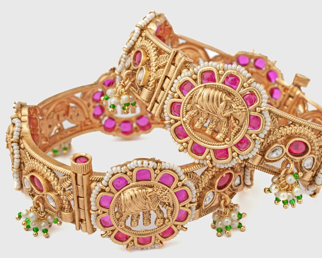 Pink Floral Gold Plated Bangles