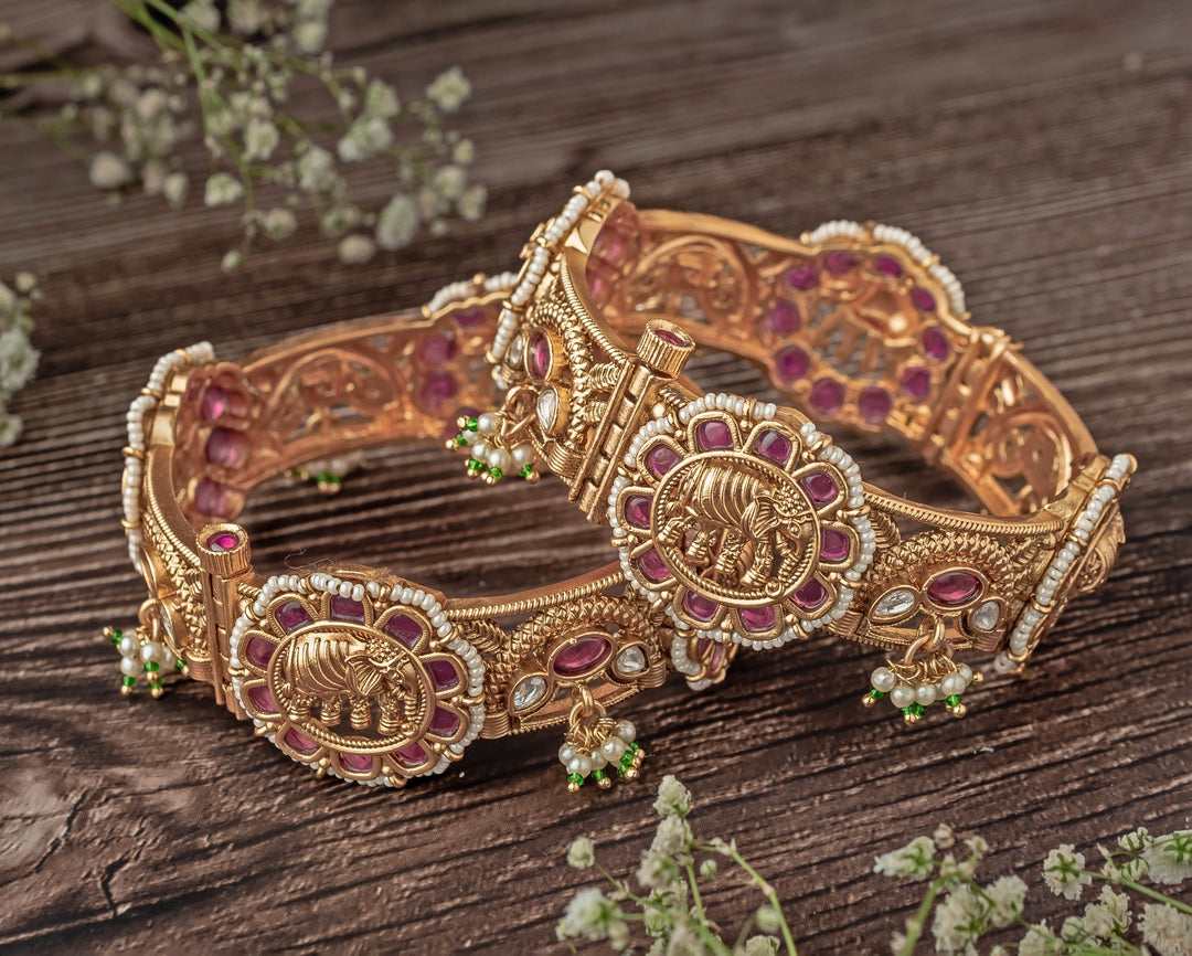 Pink Floral Gold Plated Bangles