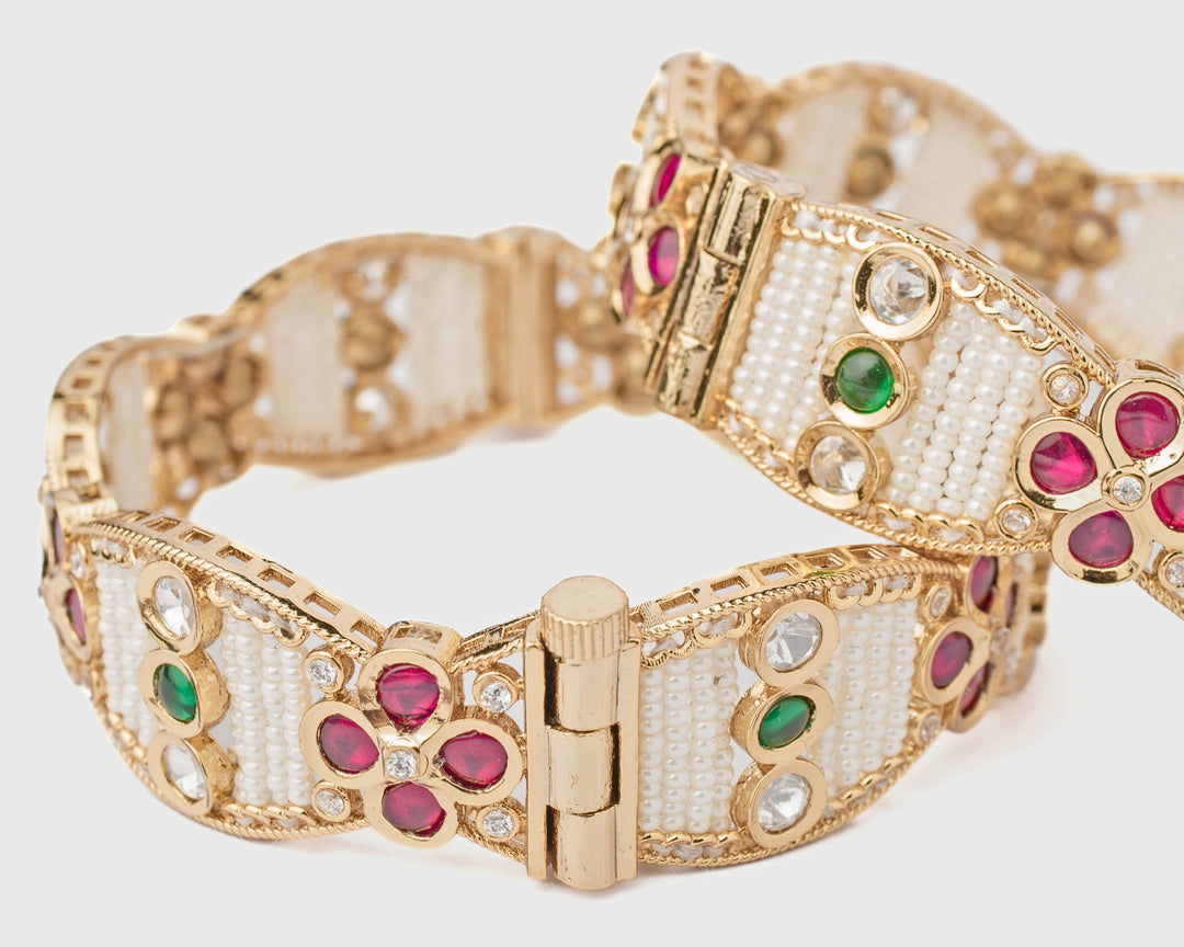 Pink And Green Synthetic Stone Gold Plated Bangles