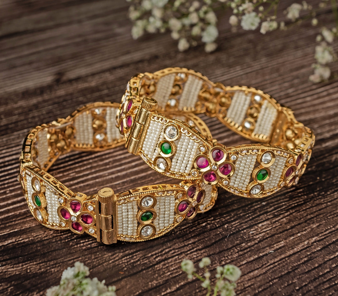 Pink And Green Synthetic Stone Gold Plated Bangles