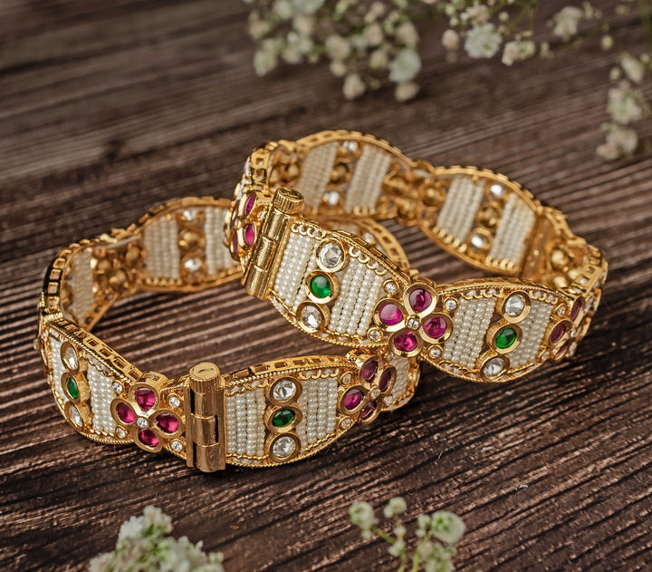 Pink And Green Synthetic Stone Gold Plated Bangles