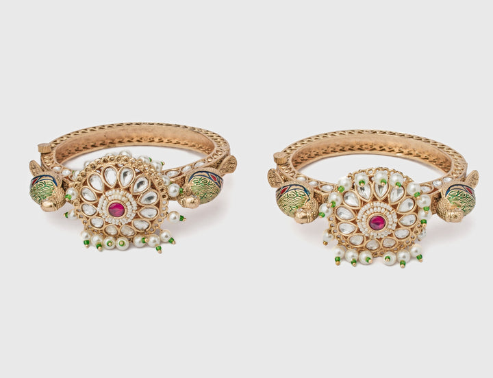 Floral White Kundan Polki Gold Plated Bangles