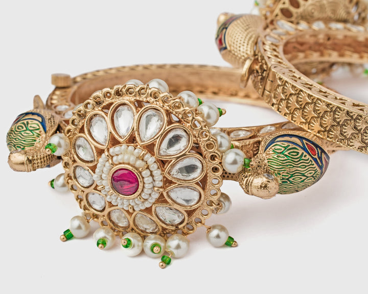 Floral White Kundan Polki Gold Plated Bangles