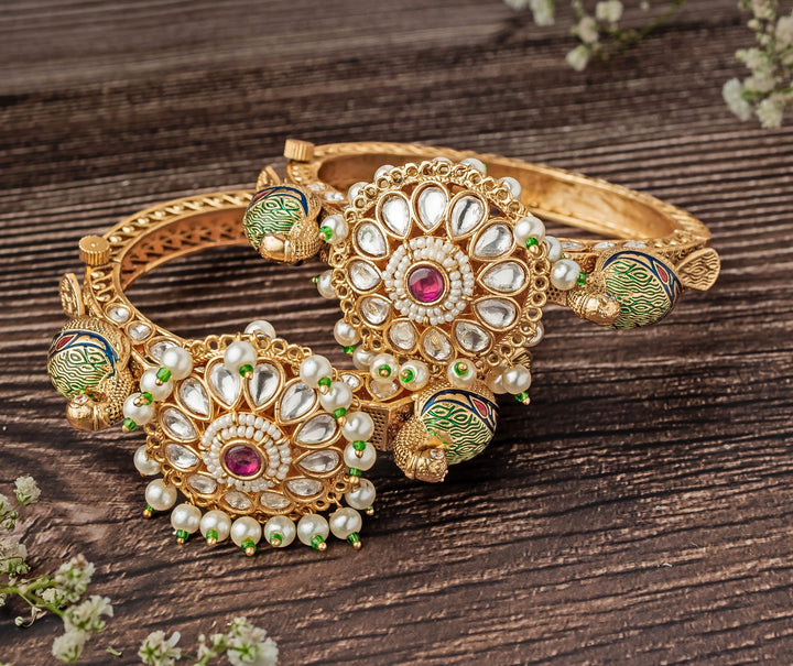 Floral White Kundan Polki Gold Plated Bangles