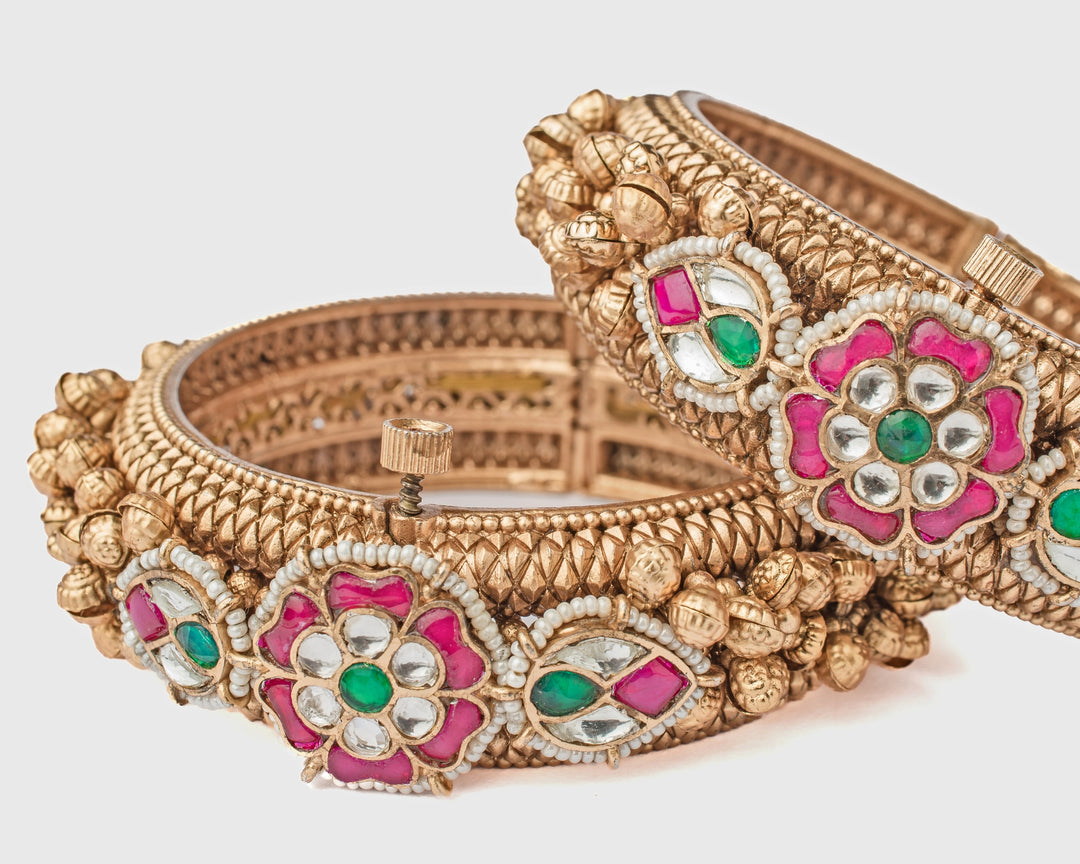 Synthetic Multi Stone Floral Gold Plated Bangles