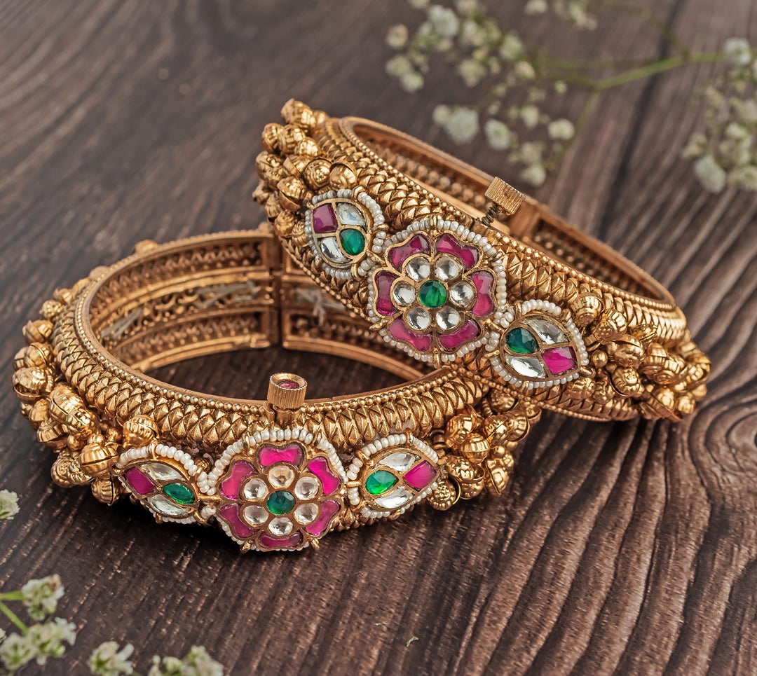 Synthetic Multi Stone Floral Gold Plated Bangles