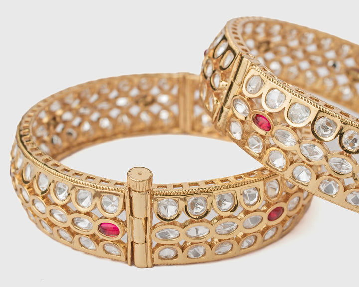 Red Kundan Polki Gold Plated Bangles