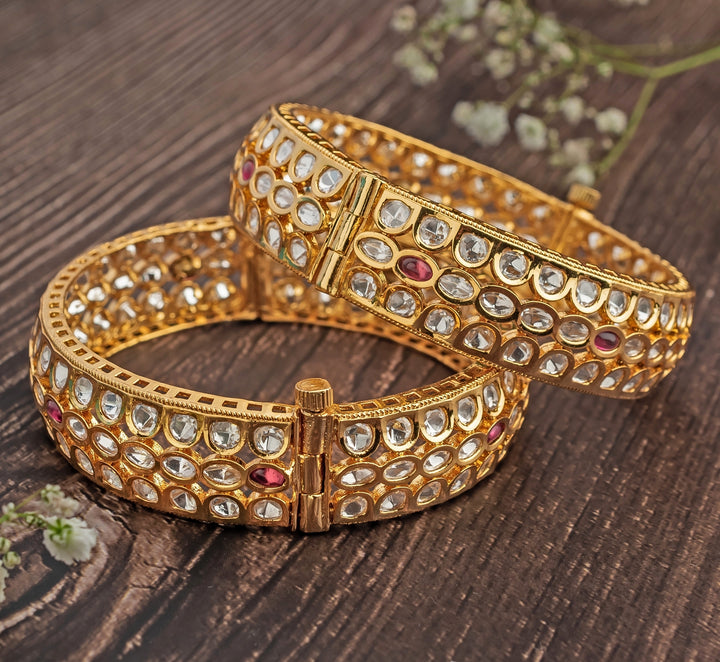 Red Kundan Polki Gold Plated Bangles
