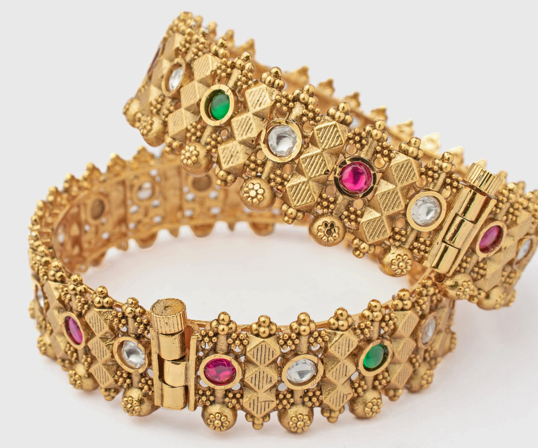 Multi Stone Temple Gold Plated Bangles