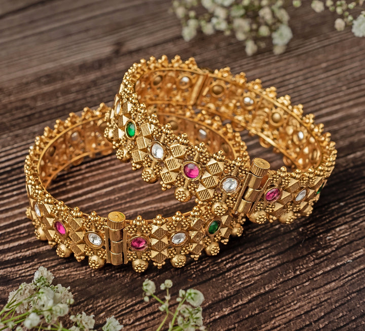 Multi Stone Temple Gold Plated Bangles