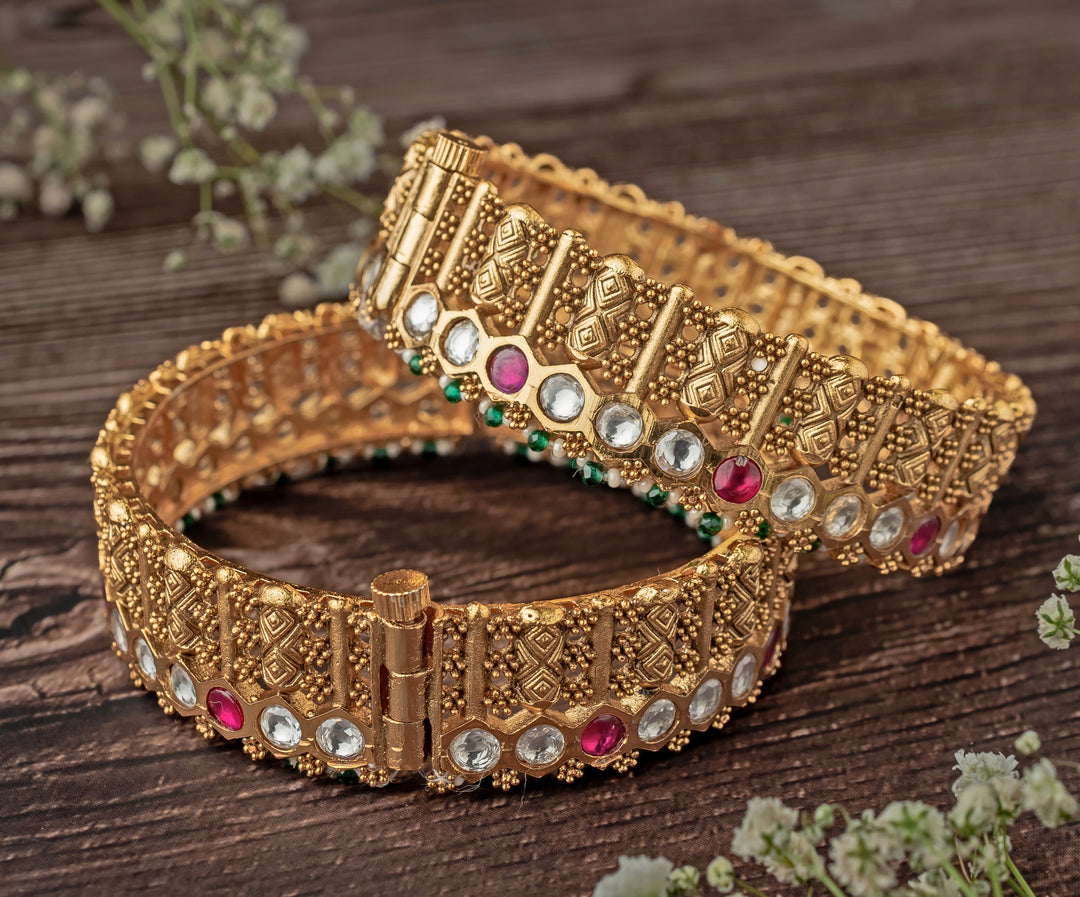 Multi Stone Temple Gold Plated Bangles