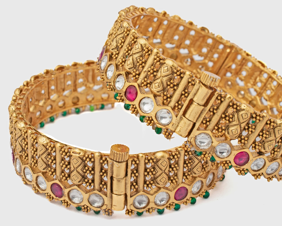 Multi Stone Temple Gold Plated Bangles