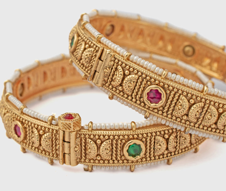 Green Beads Synthetic Stone Gold Plated Bangles