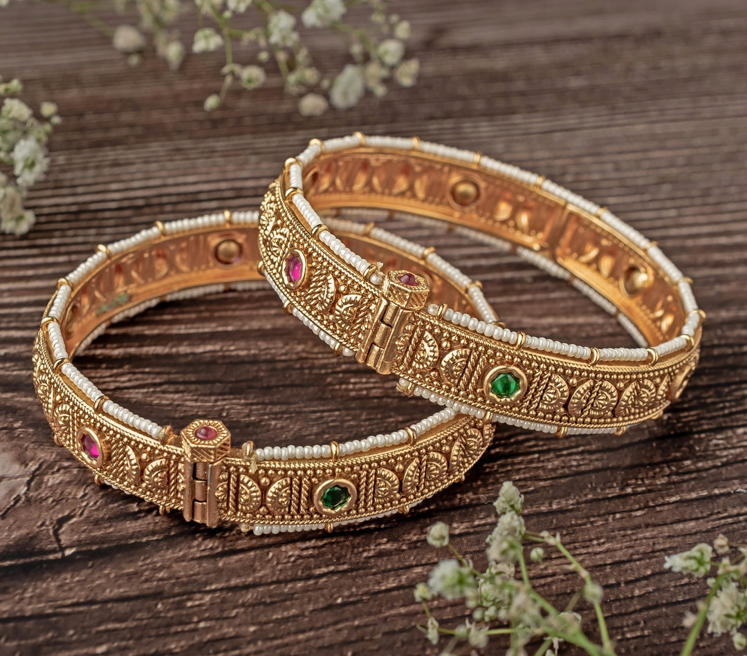 Green Beads Synthetic Stone Gold Plated Bangles