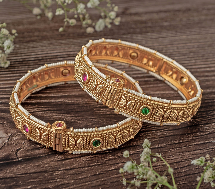 Green Beads Synthetic Stone Gold Plated Bangles