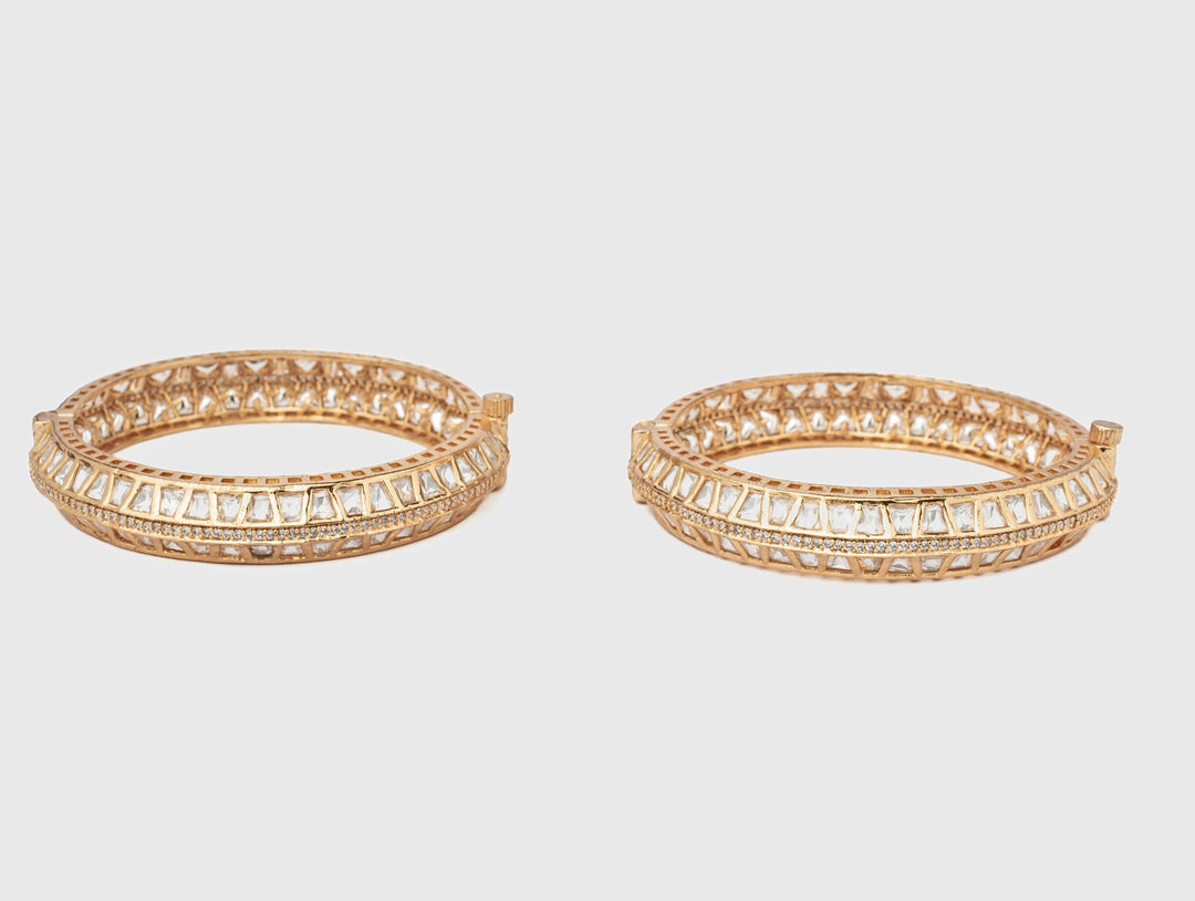 White Square-Cut Kundan Polki Gold Plated Bangles