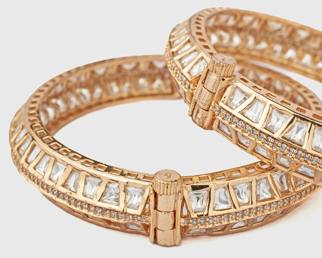 White Square-Cut Kundan Polki Gold Plated Bangles