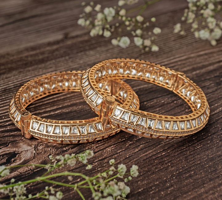 White Square-Cut Kundan Polki Gold Plated Bangles