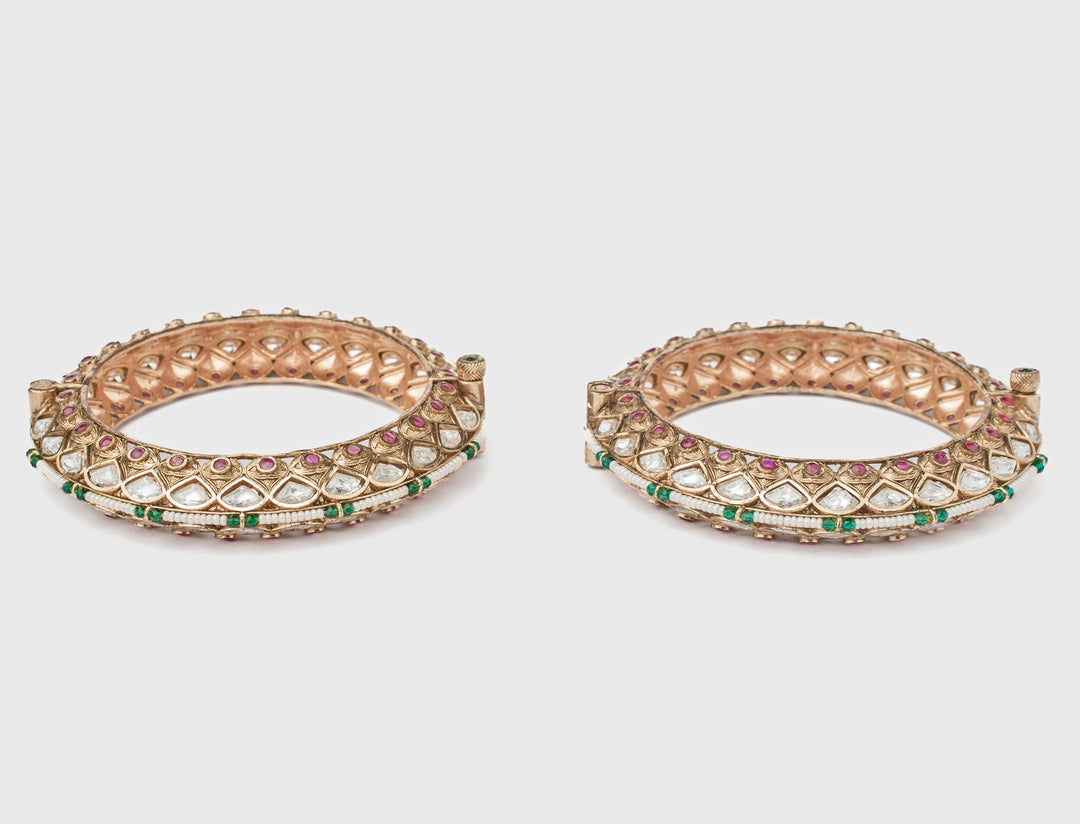 Green And Pink Beaded Gold Plated Bangles
