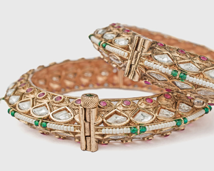 Green And Pink Beaded Gold Plated Bangles