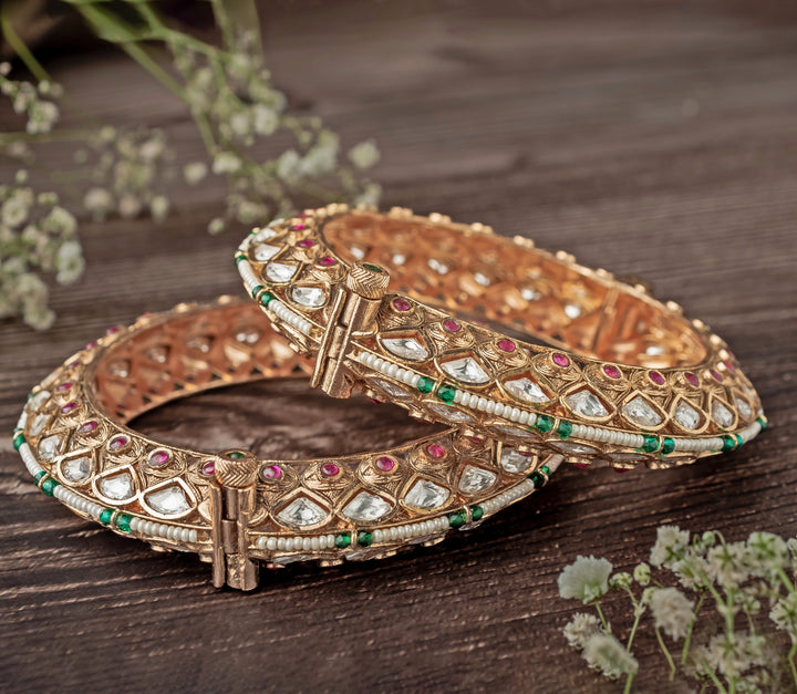 Green And Pink Beaded Gold Plated Bangles