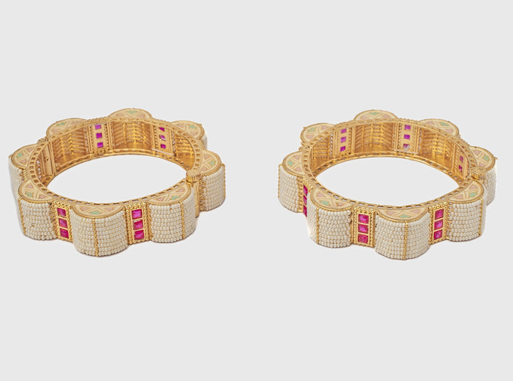White Beads Scalloped Gold Plated Bangles