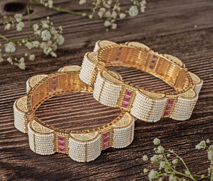 White Beads Scalloped Gold Plated Bangles