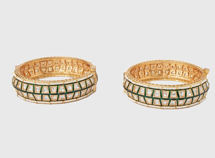 Green And Square-Cut Kundan Polki Gold Plated Bangles
