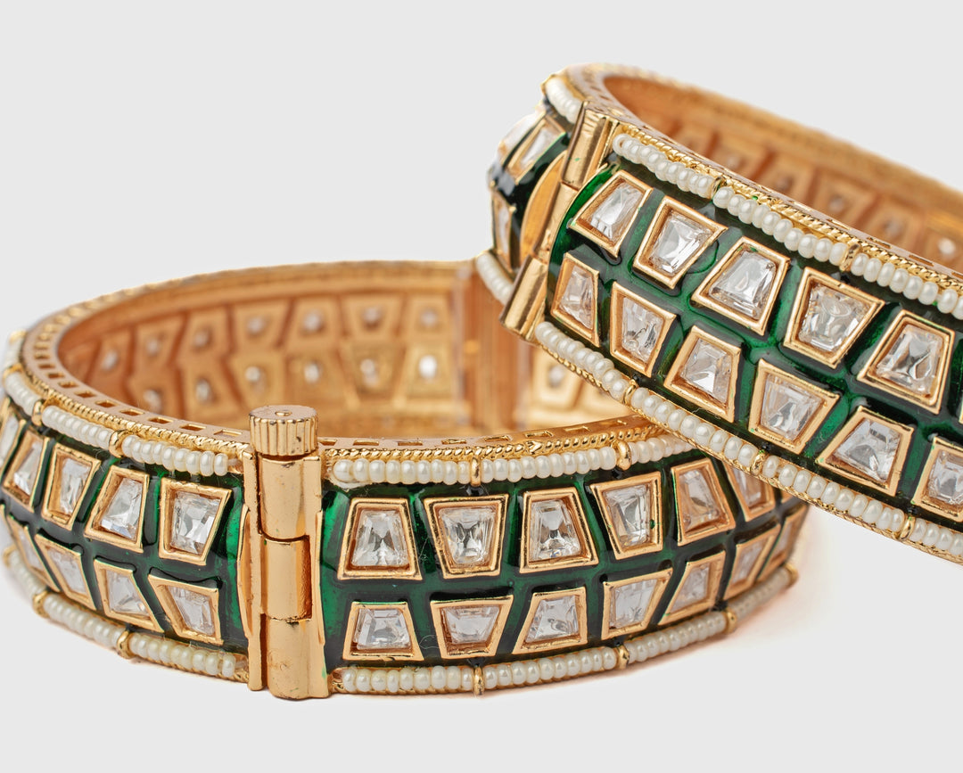 Green And Square-Cut Kundan Polki Gold Plated Bangles