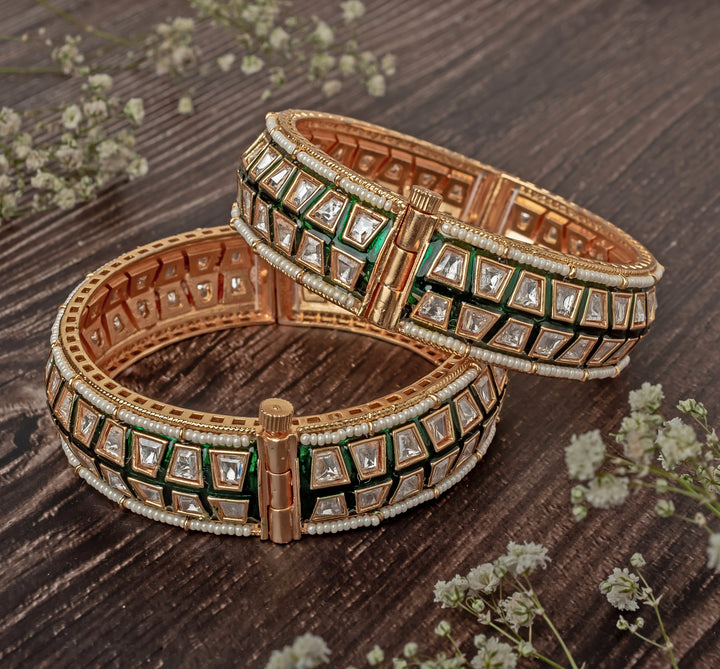 Green And Square-Cut Kundan Polki Gold Plated Bangles