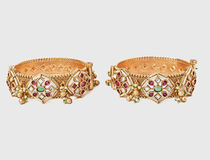 Multi Stone Floral Gold Plated Bangles