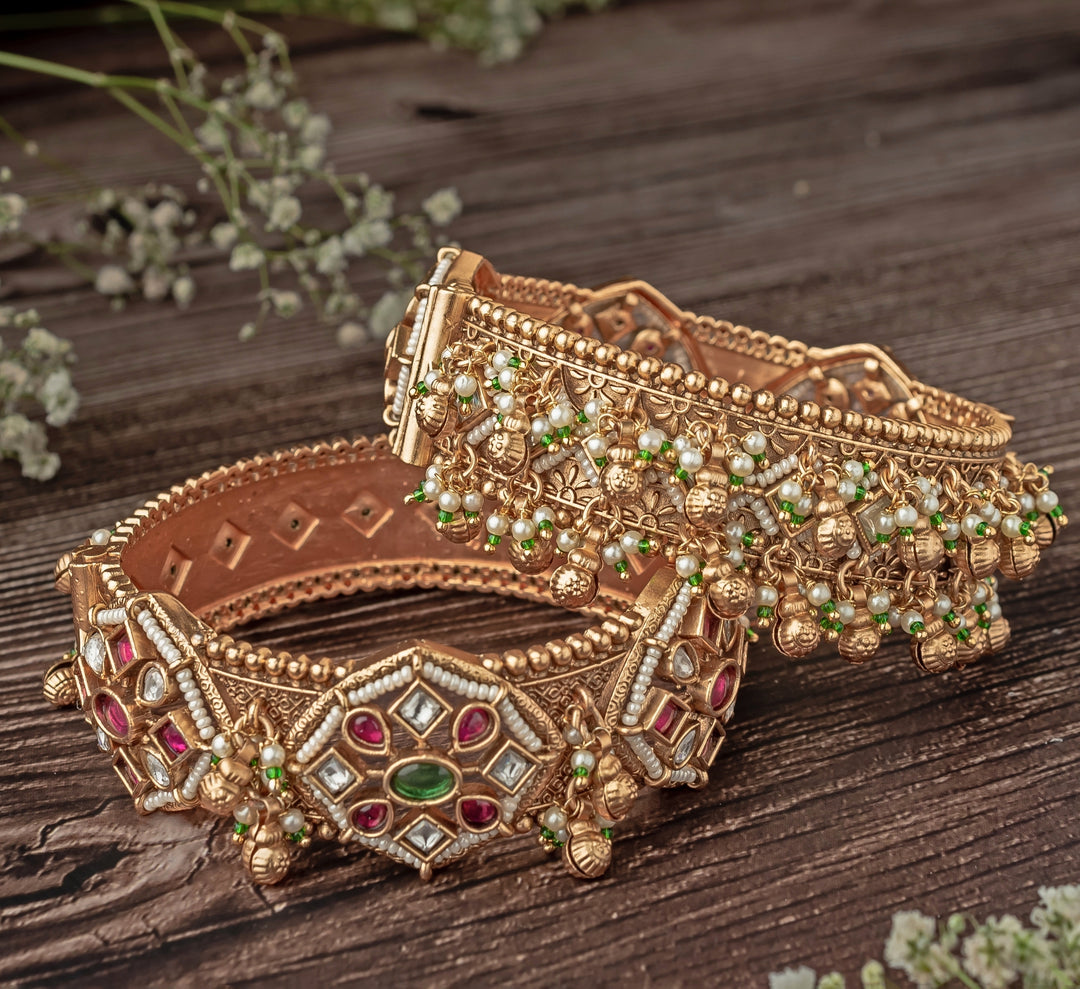 Multi Stone Floral Gold Plated Bangles