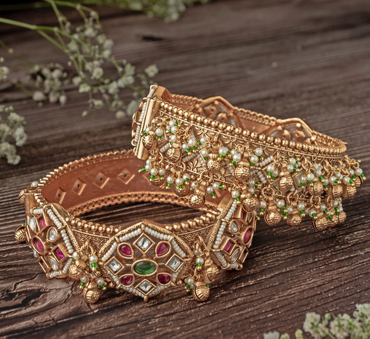 Multi Stone Floral Gold Plated Bangles