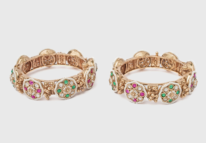 Floral Pink And Green Kundan Synthetic Stone Gold Plated Bangles