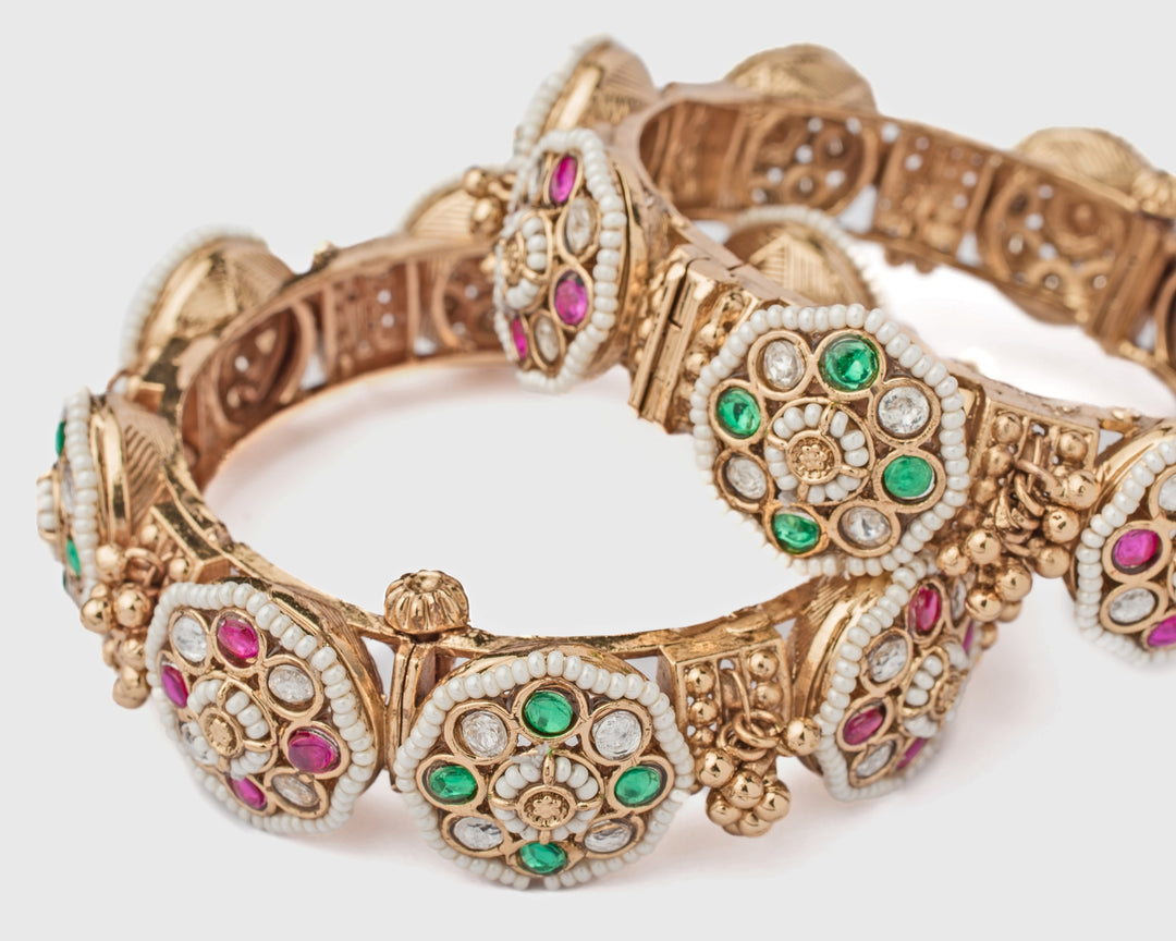 Floral Pink And Green Kundan Synthetic Stone Gold Plated Bangles