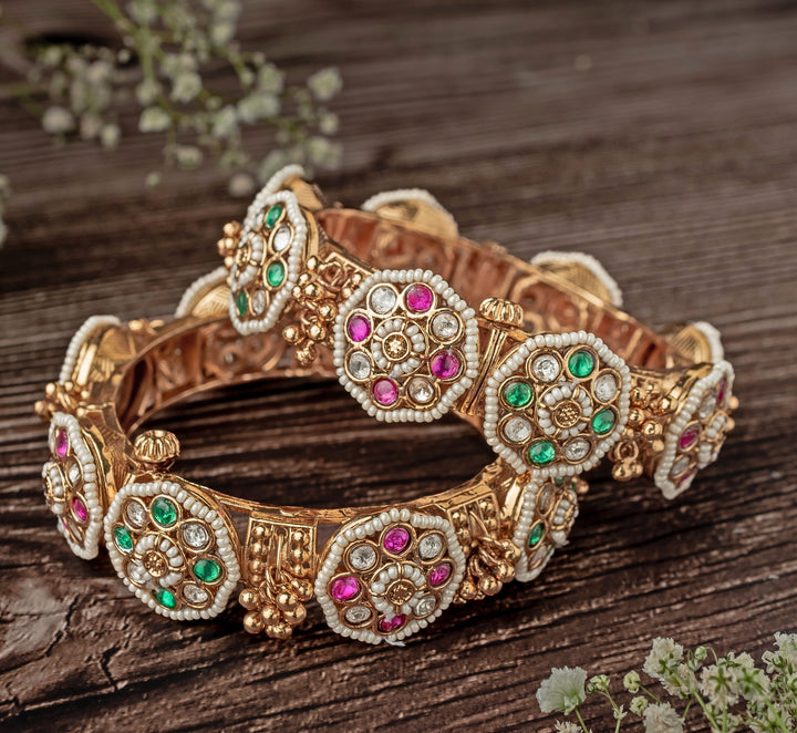 Floral Pink And Green Kundan Synthetic Stone Gold Plated Bangles