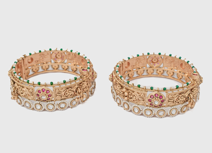 Floral Pink And White Stone Gold Plated Bangles
