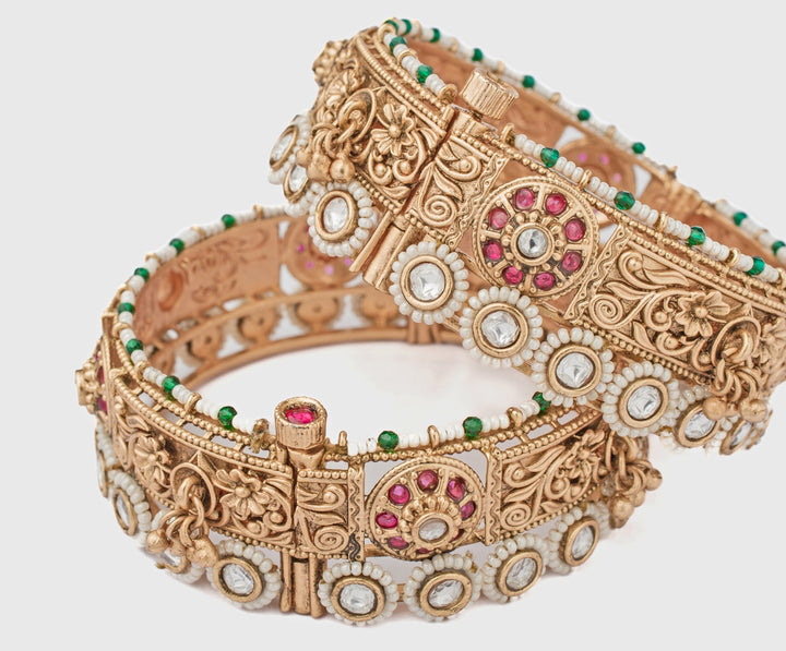 Floral Pink And White Stone Gold Plated Bangles