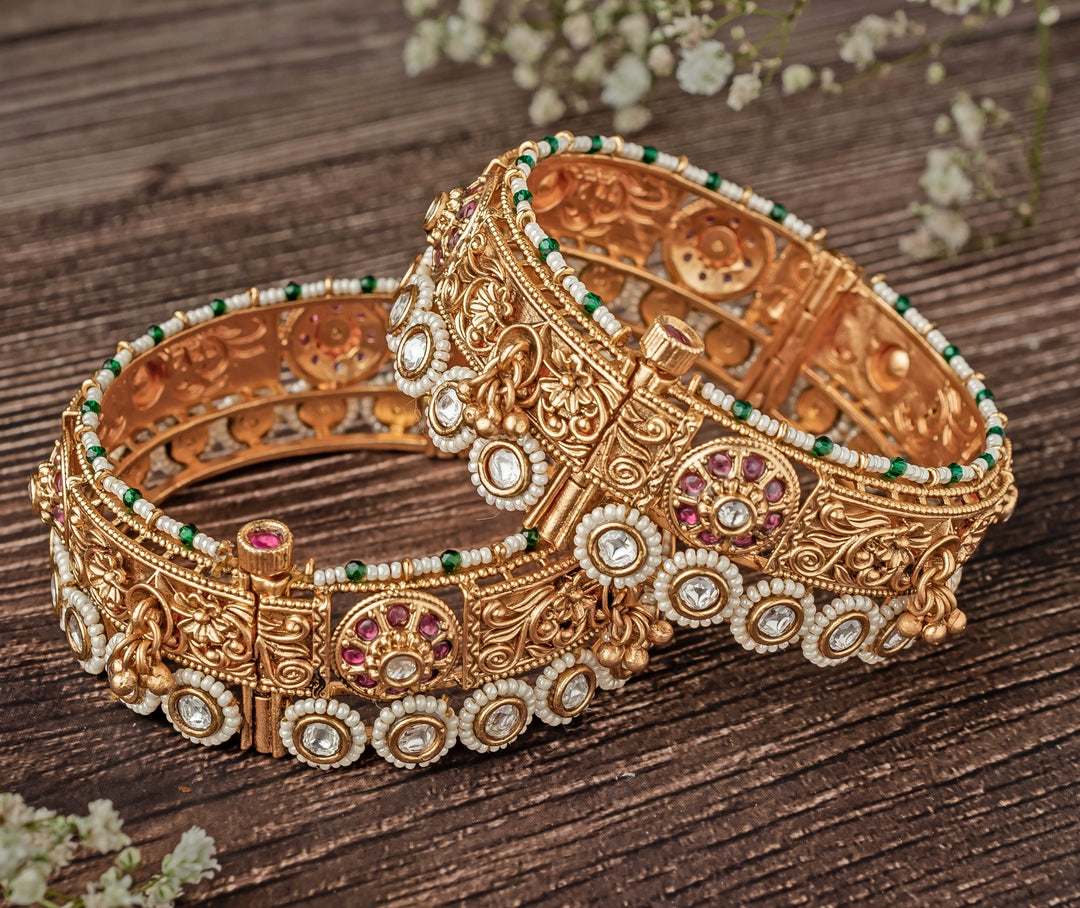 Floral Pink And White Stone Gold Plated Bangles