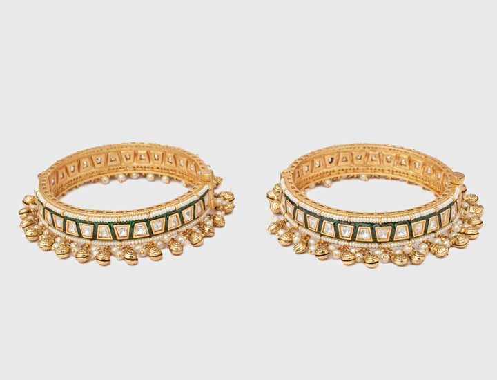 Green And White Kundan Polki Gold Plated Bangles