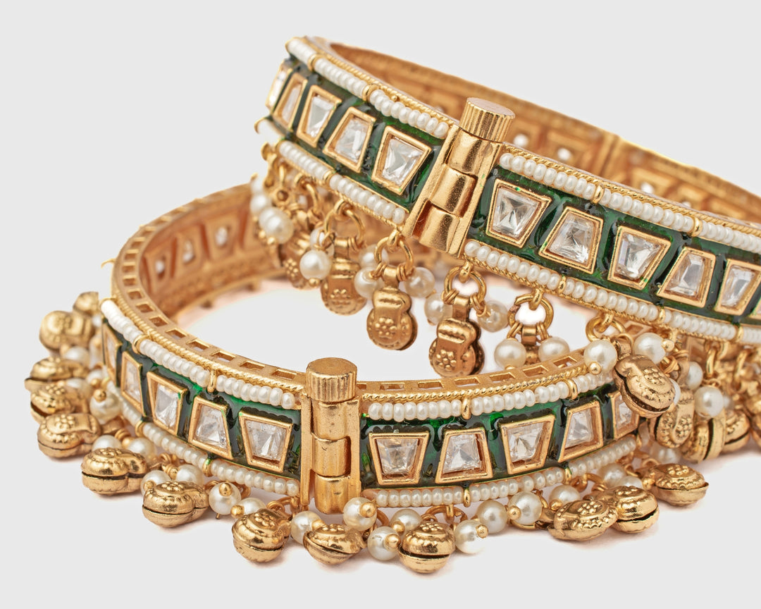 Green And White Kundan Polki Gold Plated Bangles